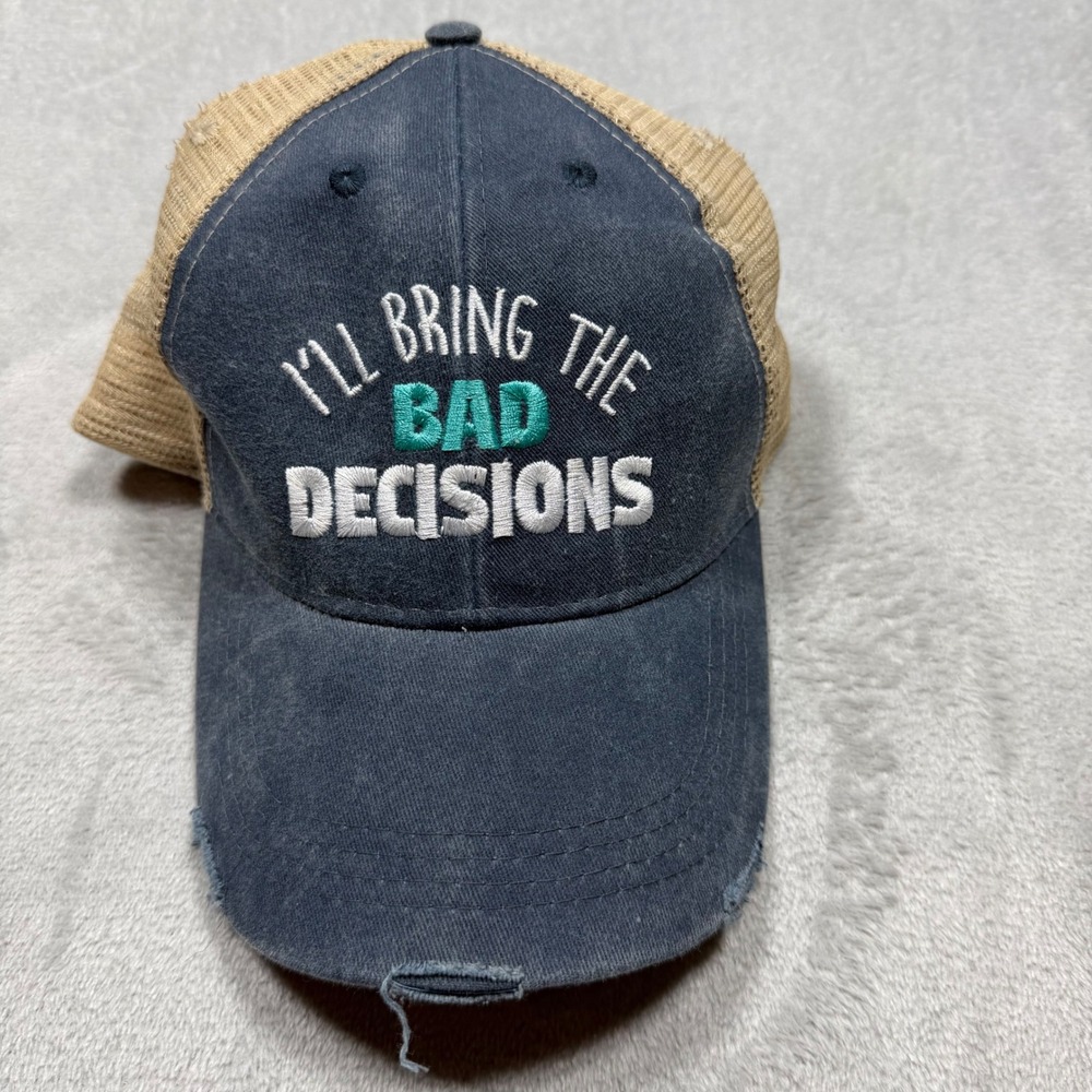 Piper Lou Navy Blue Cotton Bad Decisions Trucker Hat Distressed OSFM Summer